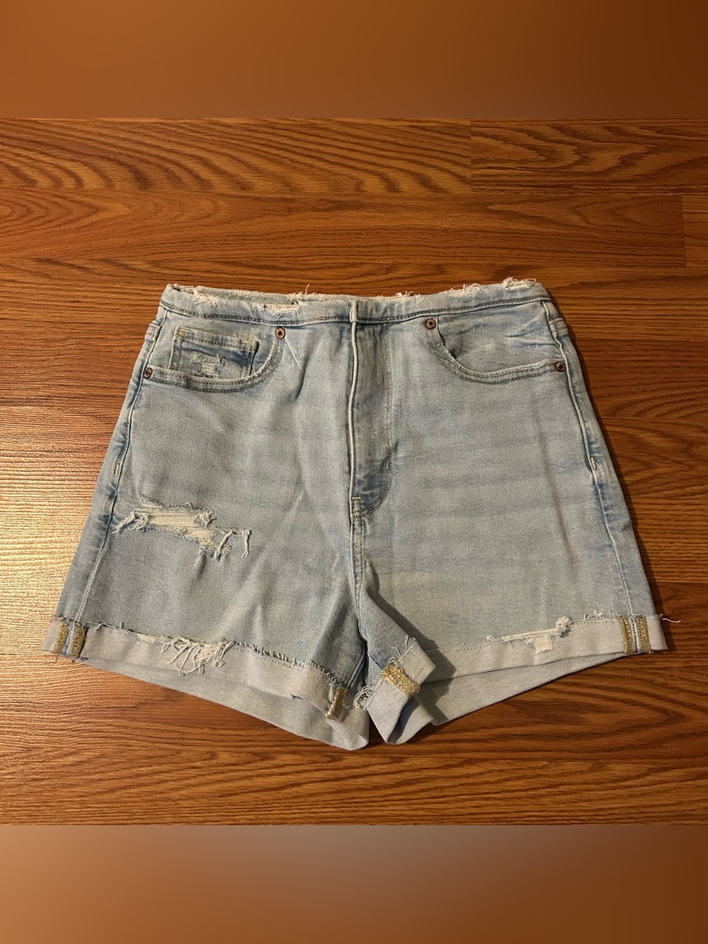 American Eagle Light Wash Distressed High-Rise Denim Shorts